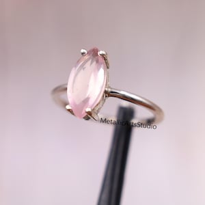 Unique marquise cut rose quartz engagement ring Art deco solid 14K white gold promise ring Nature inspired leaf ring Handmade jewelry gift