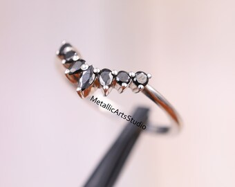 Black diamond Curved Minimalist Band, U shape band, Knuckle Ring, Round Cut Diamond Engagement Band, Pave Promise Ring, Bridal Ring Set, her