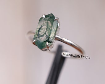 Natural Moss Agate Ring, Minimalist Hexagon Cut Ring, Gold-Silver Solitaire Ring, Promise Ring, Anniversary Gift for Women, Christmas Gift