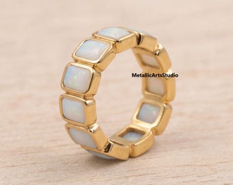 Art Deco Opal Full Eternity Band Ring, 14K Gold Opal Wedding Band, Bezel Set Opal Anniversary Gift, Unique Luxury Engagement Ring For Love