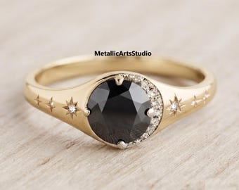Celestial Black Onyx Ring, Gold Crescent Moon & Star Signet Ring, Witchy Gothic Jewelry, Celestial Art Deco Ring, Unique Anniversary Gift