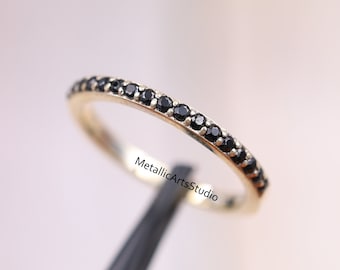 Minimalist half Eternity black diamond band, Stacking Knuckle Ring, Round Cut Diamond Engagement Band, Pave band, Promise Ring for her