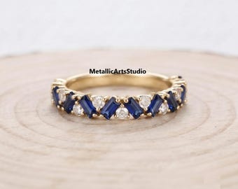 Baguette Sapphire Ring, Solid Gold Blue Engagement Ring, Women Dainty September Birthstone Stacking Ring, Silver Jewellery Gift For Her