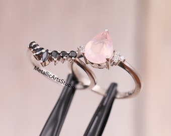 Black Diamond Rose Quartz Engagement Ring set, Curved band Bridal ring set, Pear cut Healing Quartz Stacking ring, Promise ring for women
