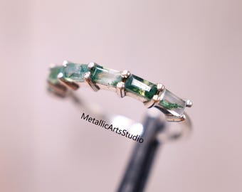 Minimalist Baguette Moss Agate Ring: Sterling Silver Half Eternity Band