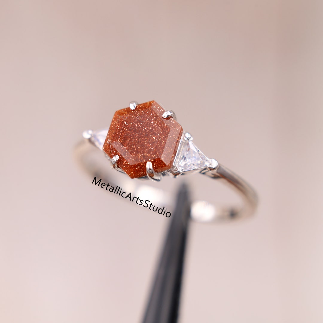 Natural Golden Sandstone Hexagon Cut Ring, 14K Gold Sterling Silver ...