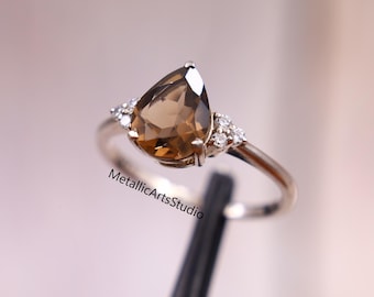 Smoky Quartz Pear Cut Ring, Sterling Silver Teardrop Gemstone, Gift for Her