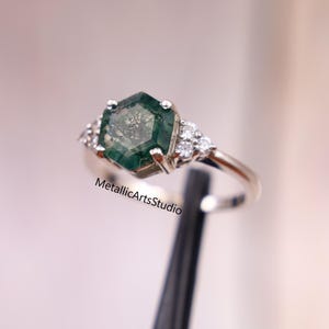 Hexagon Cut Natural Green Moss Agate Ring- Sterling Silver Aquatic Agate Engagement Rings For Women- Promise Ring Anniversary Gift For Her
