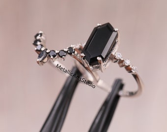 Baguette Black Onyx Engagement Ring Set: Gold Wedding Bridal Ring