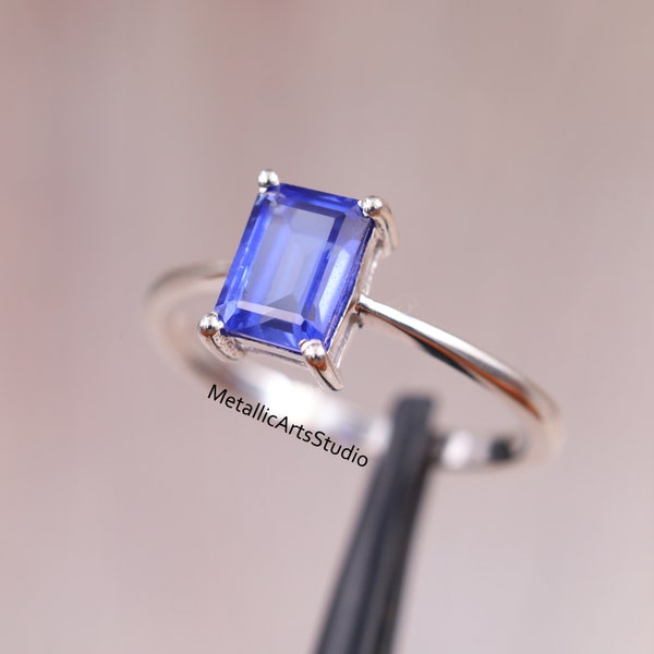 Minimalist Emerald Cut Tanzanite Ring, 14K Gold & Silver Solitaire Ring, September birthstone Ring, Engagement- Anniversary Gift For Her