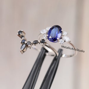 Blue Sapphire Black Diamond Engagement Ring Set, 14k White Gold Ring, 2 Pcs Bridal Ring Set, Curved diamond Stacking Bridal Set, Gift her