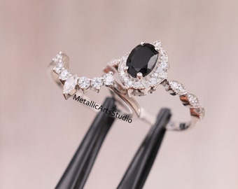 Black Onyx Bridal Ring Set: Oval Cut Sterling Silver Engagement Ring