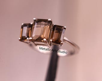 Handmade Smoky Quartz 3 Stone Ring: Sterling Silver Promise Ring