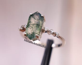 Long Hexagon Moss Agate Ring: Sterling Silver Engagement, Nature Inspired