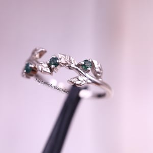Round Cut Moss Agate Wedding Band, Nature Inspired Leaf Matching Band, Wedding Engagement Band, Tree Agate Ring, Anniversary Gift for Her