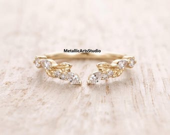 Anillo de boda curvo vintage Anillo de boda abierto de oro macizo único Anillo de boda de moissanita Anillo de boda de hoja de diamantes Anillo apilable a juego para mujer