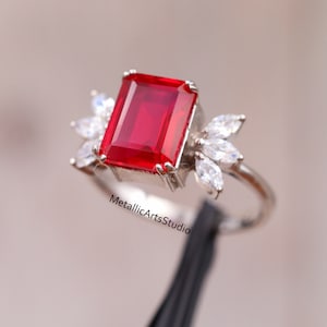 Emerald Cut Ruby Ring, Ruby Marquise cluster Engagement Ring, Solitaire Setting, Sterling Silver Ruby Ring, July Birthstone, Gift for Her