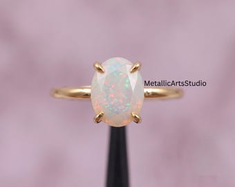 Oval Cut Opal Ring, October Birthstone Ring Yellow Gold Anniversary Promise Jewelry