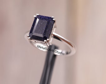 Emerald Cut Blue Sandstone Ring: 14K Gold Sterling Silver, Dainty Engagement Ring