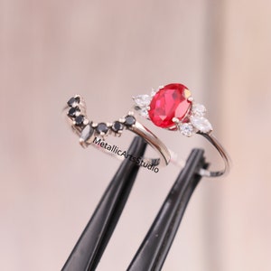 Vintage Ruby Bridal Set, Oval Ruby Engagement Ring Set, 14K White Gold Rings, Engagement Promise Ring, July Birthstone, Anniversary Gift