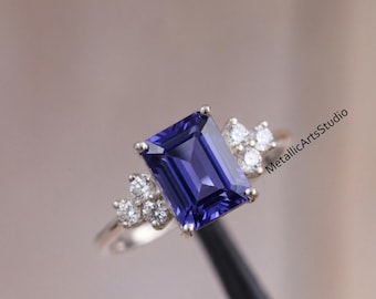 Emerald Cut Tanzanite Ring, 14K Gold Band, Diamond Accents, Handmade Engagement Ring