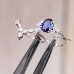 2 pcs Blue Sapphire Bridal Ring Set, 14k White Gold Ring, September Birthstone Engagement Ring Set, Curved diamond Stacking Bridal Set, Gift