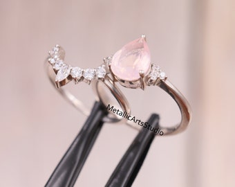 Conjunto de anillos de compromiso de cuarzo rosa natural, conjunto de anillos nupciales de banda curva de diamantes marquesa, anillo de apilamiento de corte de pera, anillo de promesa para mujeres, regalo