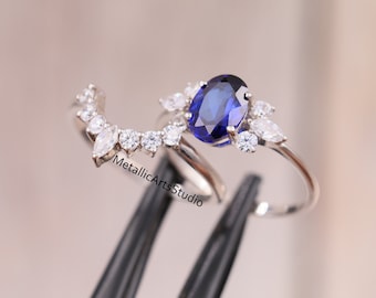 Oval Blue Sapphire Engagement Ring Set: 14k White Gold, Diamond Bridal Set