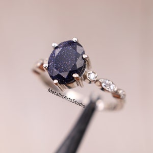 Oval Cut Blue Sandstone Ring, Promise Ring, Dainty Silver Ring, Engagement Ring, Galaxy Cluster Ring, Nebula Ring, Anniversary gift for her