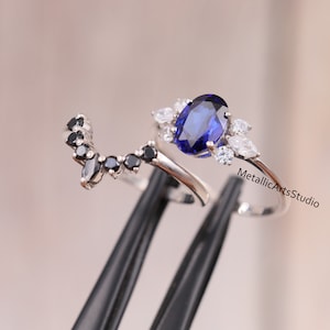 Blue Sapphire Oval cut Engagement Ring Set, 14k White Gold Ring, 2 Pcs Curved diamond Bridal Ring Set, Stacking Bridal Set, Gift For Woman