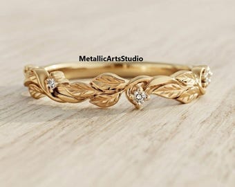 Nature Inspired Leaf Moissanite Wedding Band Unique Solid Gold Wedding Ring Moissanite Leaf Engraved Promise Ring Anniversary Gift For Her