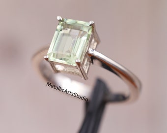 Natural Green Amethyst Solitaire Ring, Minimalist Emerald Cut Amethyst Ring, Promise Ring, Unique Statement Ring, Anniversary Gift For Her