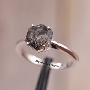 Natural Black Rutilated Quartz Ring-Hexagon Shaped Ring-14K Gold-Sterling Silver Ring-Wedding Ring-Anniversary Ring Women-Christmas Gift