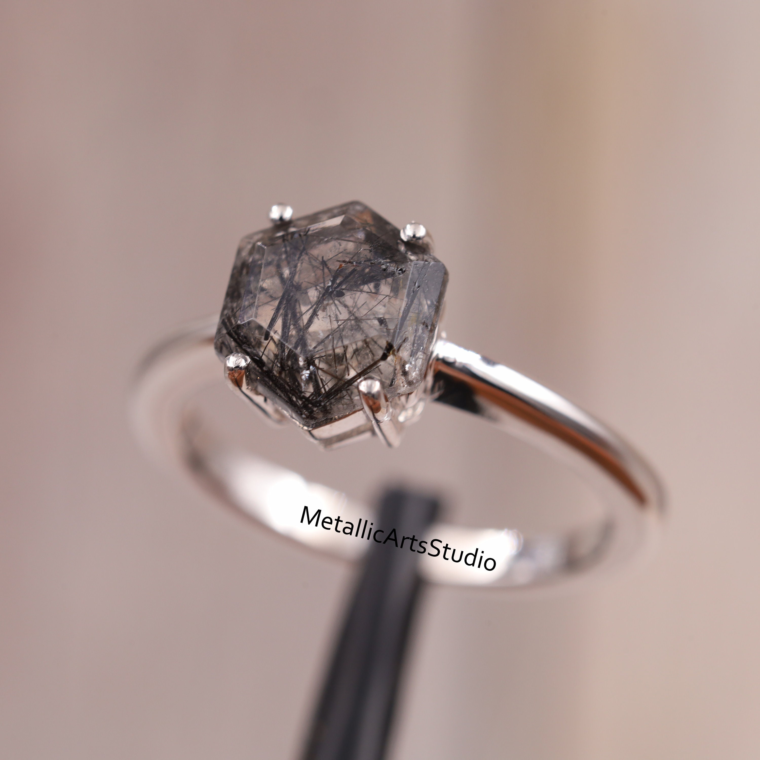 Natural Black Rutilated Quartz Ring-hexagon Shaped Ring-14k - Etsy