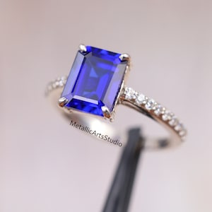 Emerald cut blue sapphire engagement ring, 14K gold ring, Blue sapphire solitaire ring, September birthstone jewelry, Blue sapphire ring