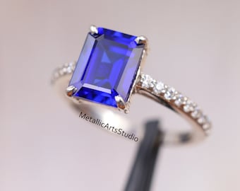 Emerald cut blue sapphire engagement ring, 14K gold ring, Blue sapphire solitaire ring, September birthstone jewelry, Blue sapphire ring