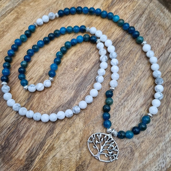 Collier Mala Aide Régime / Perte de Poids - 108 perles en Pierres Naturelles (Apatite et Howlite blanche) ou (Zèbre rose et Howlite blanche)