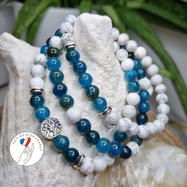 Bracciale WEIGHT LOSS in pietre naturali Howlite bianca e Apatite - Perle rotonde da 6 mm - Gioielli artigianali Diversi modelli tra cui scegliere