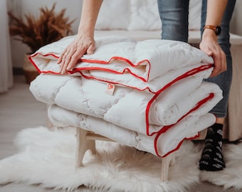 Awesome handmade alpaca wool duvet, ecological and hypoallergenic, unique heart pattern hand quilted, family manufacture, RED TRIMMING