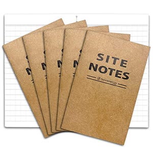 May include: Five brown notebooks with the text "SITE NOTES" in black, arranged on a white grid-lined paper. The notebooks have a minimalist design. The notebooks are made of a brown, textured paper.