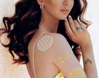 8 Sheets Gold Silver Metallic Temporary Tattoo Transfer for Girls Women Teens | Shimmer Glitter Body Art Jewellery Fake Tattoos Waterproof