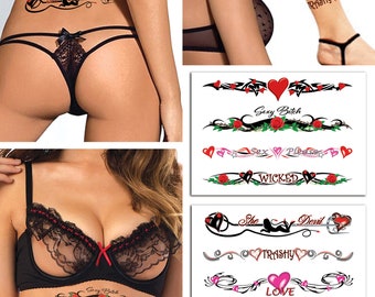 2 Sheets With 8 Sexy Hot Naughty Temporary Tattoos for Women Ladies - Adult Fun Tramp Stamps Fetish BDSM for Lower Back Legs Arms Stomach