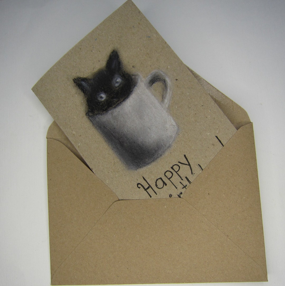 Happy Birthday Hand Drawn Card With Cat Charcoal Drawing on - Etsy