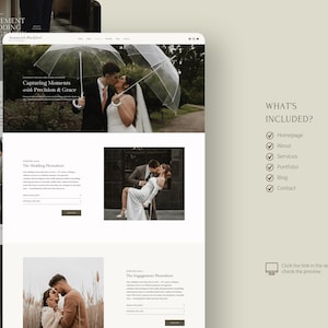 May include: A website template for wedding and engagement photography featuring a hero section with a couple under clear umbrellas, text sections titled The Wedding Photoshoot and The Engagement Photoshoot, and a list of included pages.