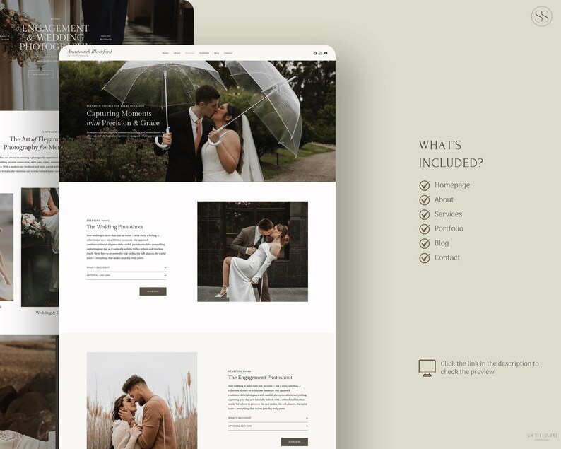 May include: A website template for wedding and engagement photography featuring a hero section with a couple under clear umbrellas, text sections titled The Wedding Photoshoot and The Engagement Photoshoot, and a list of included pages.