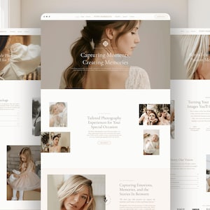 May include: A website design with a minimalist aesthetic, using a light beige and white colour scheme. The site promotes photography services, with images of people and text that reads "Capturing Moments, Creating Memories."