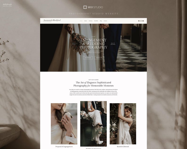 May include: A website layout for a photography studio featuring a hero section with a wedding couple, the text Engagement & Wedding Photography, and three lower sections titled Proposal & Engagements, Wedding & Elopements, and Brand & Editorial.
