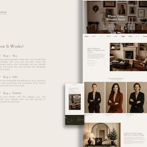 K&ouml;nnte beinhalten: Ein digitales Website-Template-Layout f&uuml;r ein Kreativstudio mit einem Bereich How It Works mit drei Schritten, einem Header-Bild eines Innenraums, einem Bereich mit dem Titel Spaces Defined by Balance, Proportions, and Purpose und drei Portr&auml;ts.