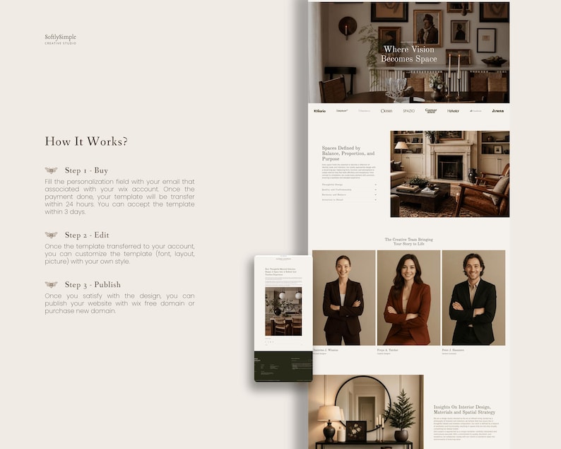 K&ouml;nnte beinhalten: Ein digitales Website-Template-Layout f&uuml;r ein Kreativstudio mit einem Bereich How It Works mit drei Schritten, einem Header-Bild eines Innenraums, einem Bereich mit dem Titel Spaces Defined by Balance, Proportions, and Purpose und drei Portr&auml;ts.