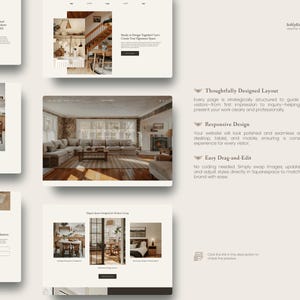 May include: A website template display featuring multiple page layouts for an interior design studio. The design includes sections for consultations, portfolio images, and service descriptions with text headers like Thoughtfully Designed Layout.